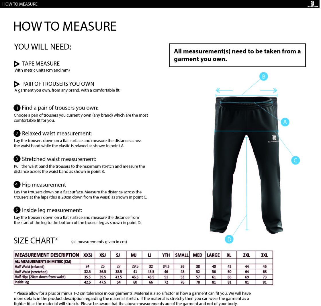 Consett Rugby - Dual Poplin Track Pants with Lycra - Size Guide