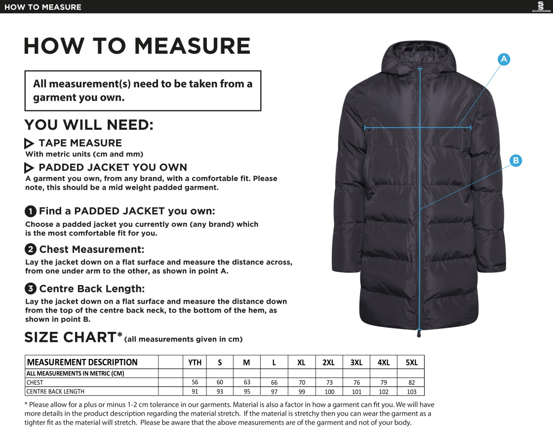 Consett Rugby - Active Long Padded Jacket - Size Guide