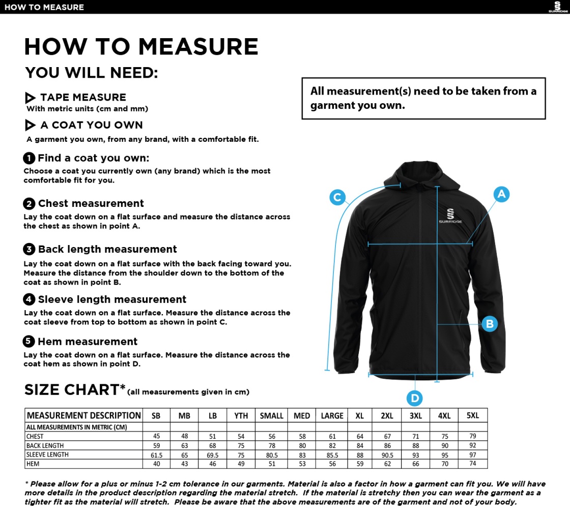 Consett Rugby - Dual Full Zip Training Jacket - Size Guide