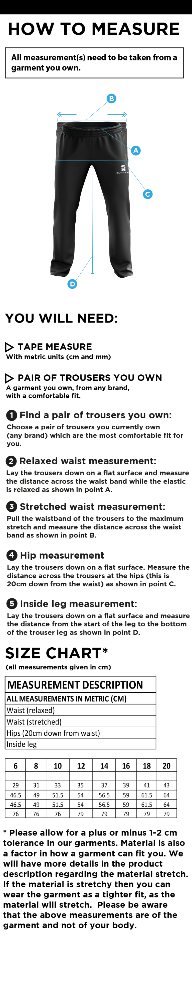 Consett Rugby - Dual Poplin Track Pant - Ladies Fit - Size Guide
