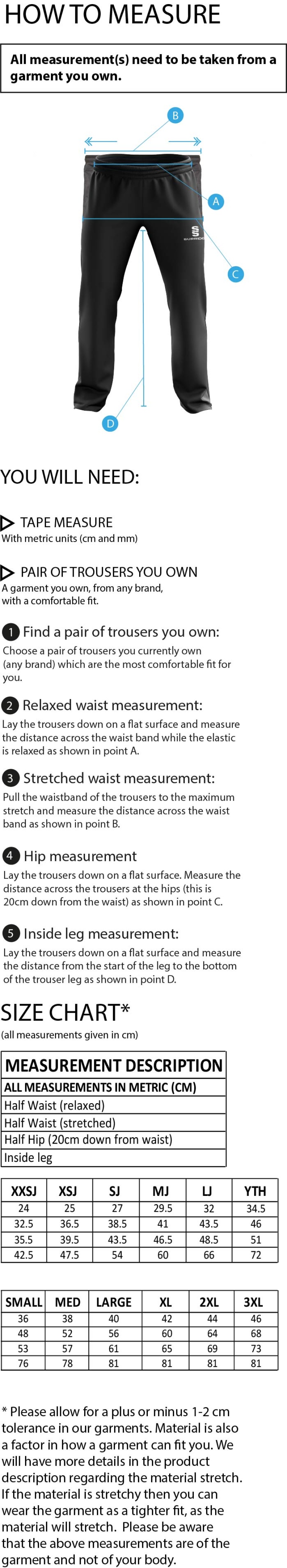 Consett Rugby - Dual Poplin Track Pants with Lycra - Size Guide