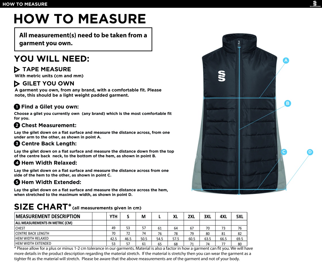 Consett Rugby - Active Gilet - Size Guide