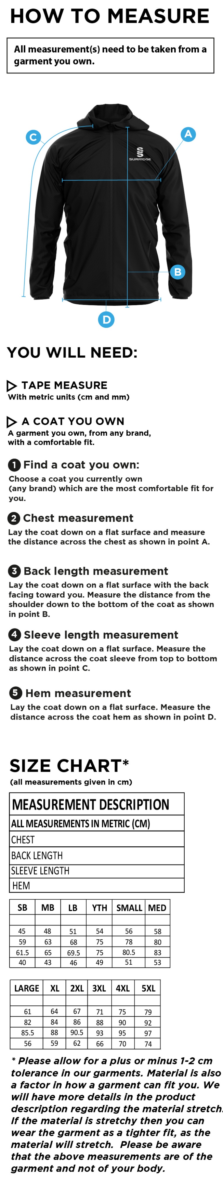 Consett Rugby - Dual Full Zip Training Jacket - Size Guide