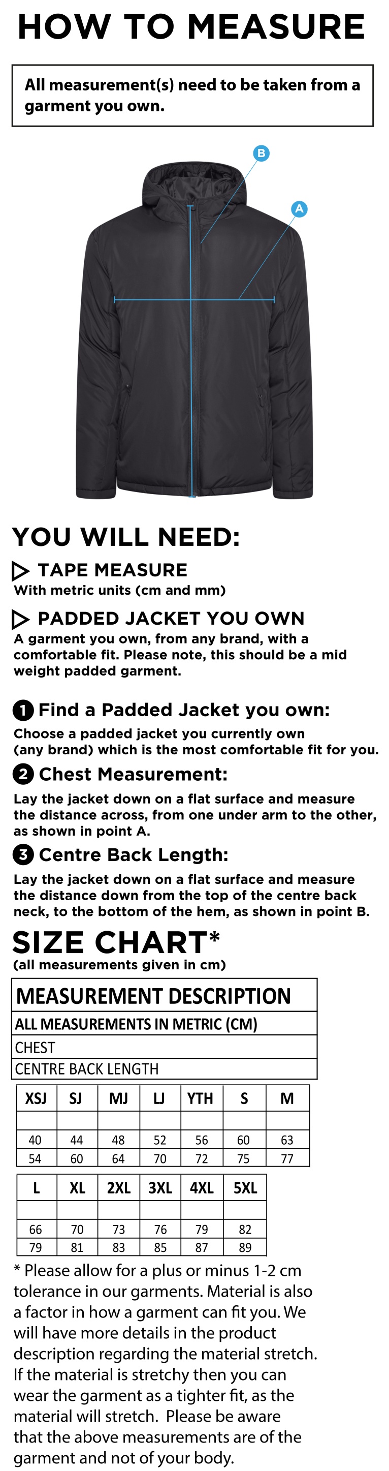 Consett Rugby - Active Padded Jacket - Size Guide