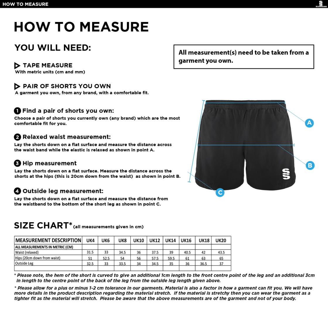Consett Rugby - Performance Gym Short - Ladies Fit - Size Guide
