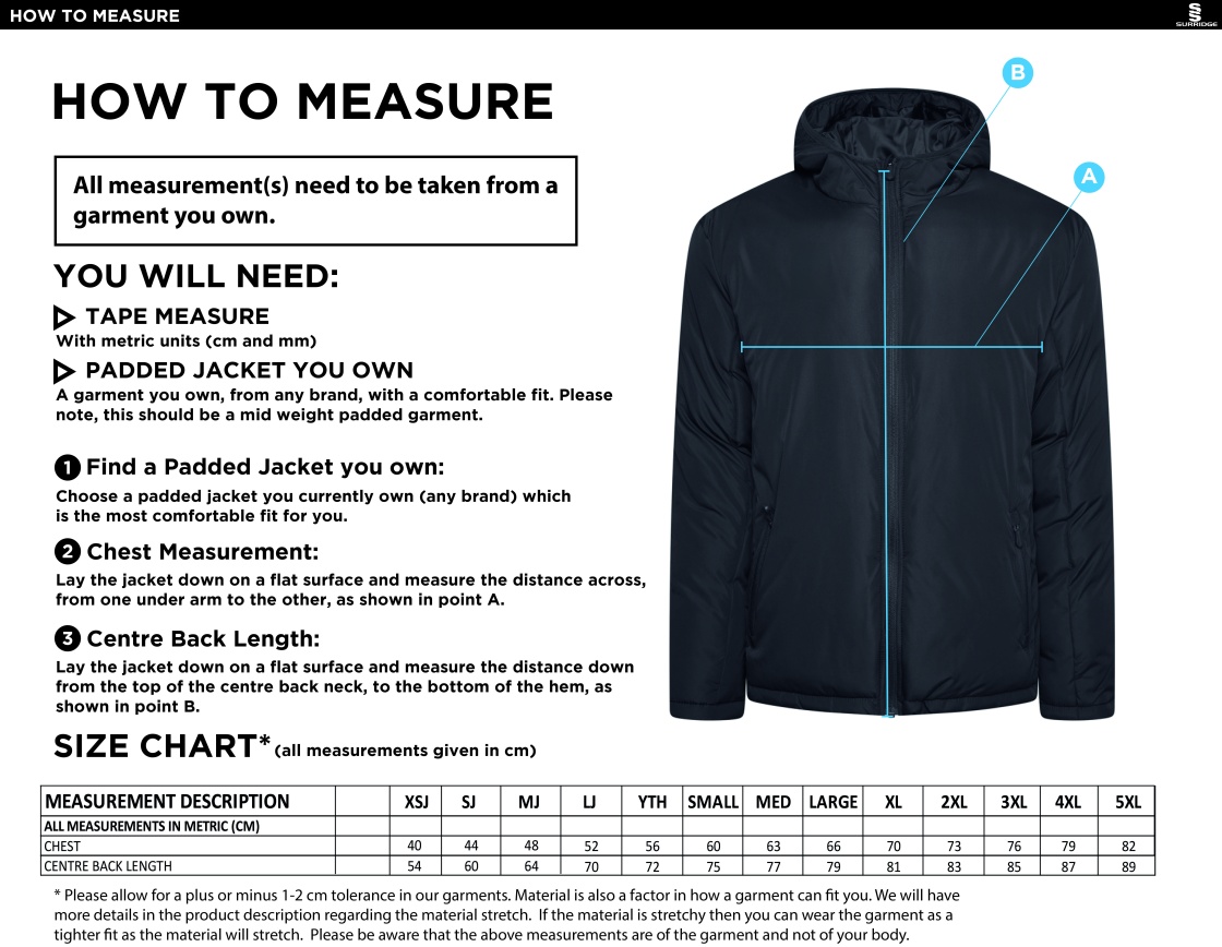 Consett Rugby - Active Padded Jacket - Size Guide
