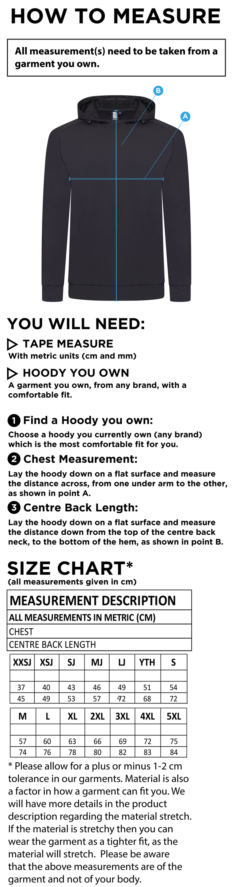 Consett Rugby - Active Hoody - Size Guide