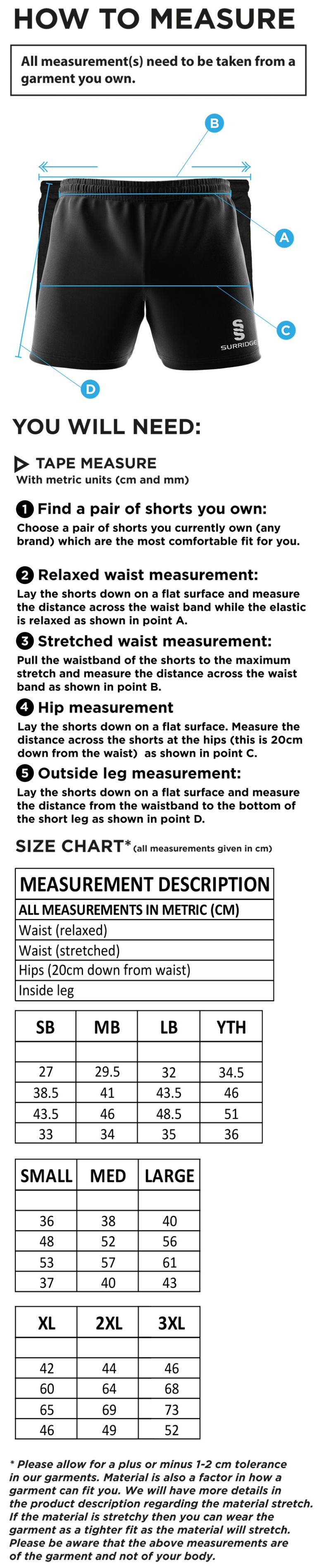 Consett Rugby - Performance Gym Short - Size Guide