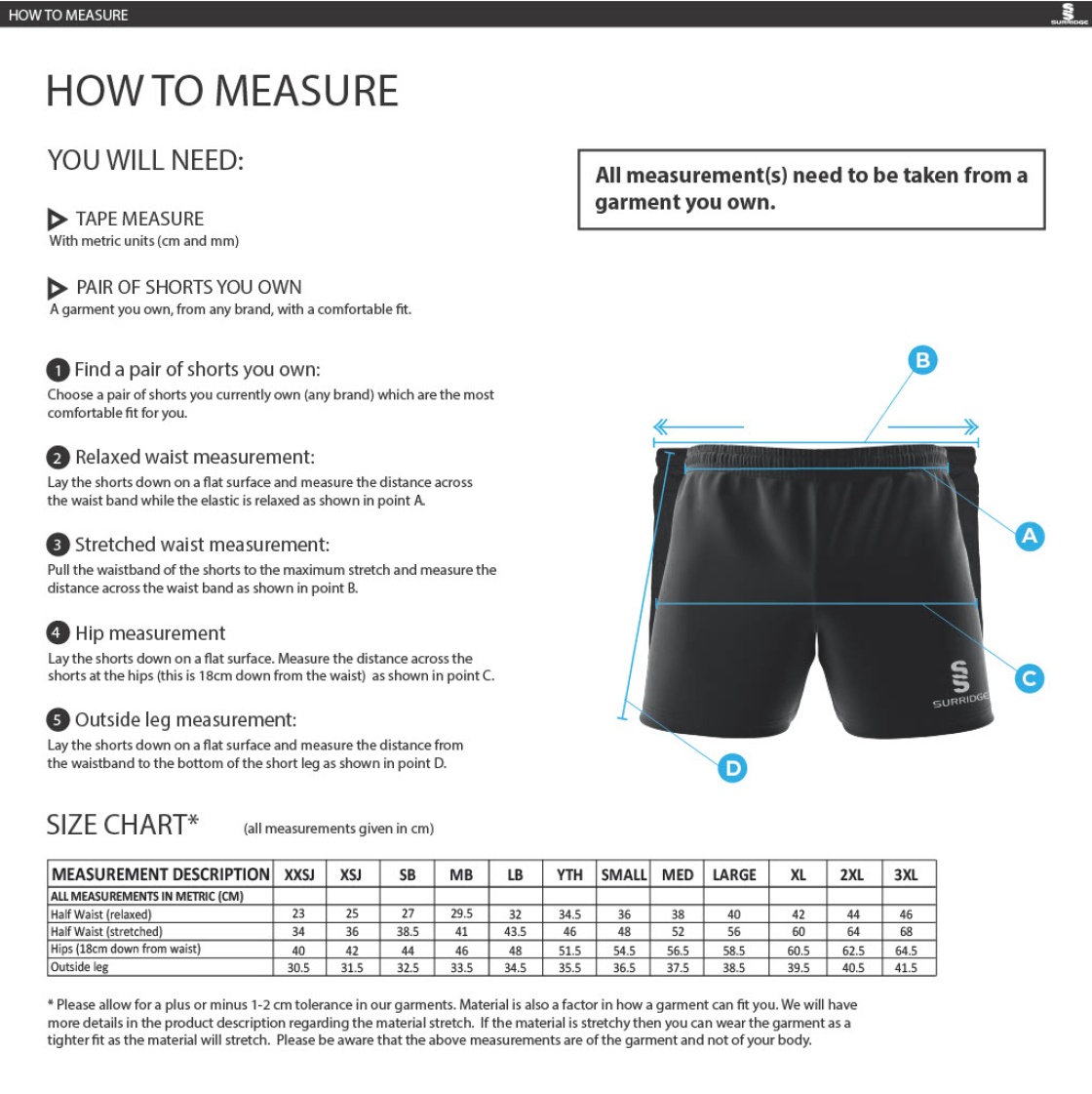 Consett Rugby - Premier Rugby Short - Size Guide