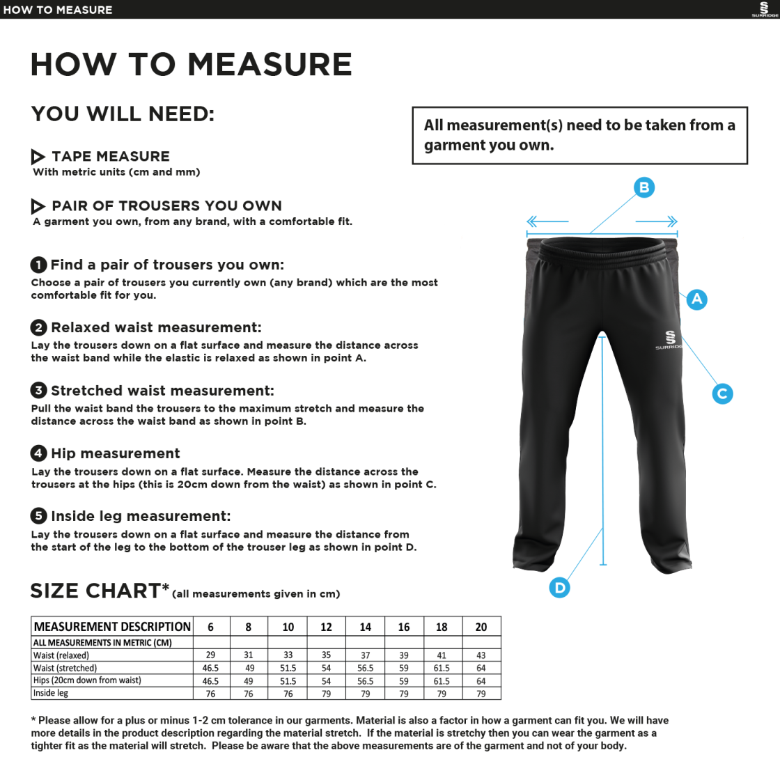 Consett Rugby - Dual Poplin Track Pant - Ladies Fit - Size Guide