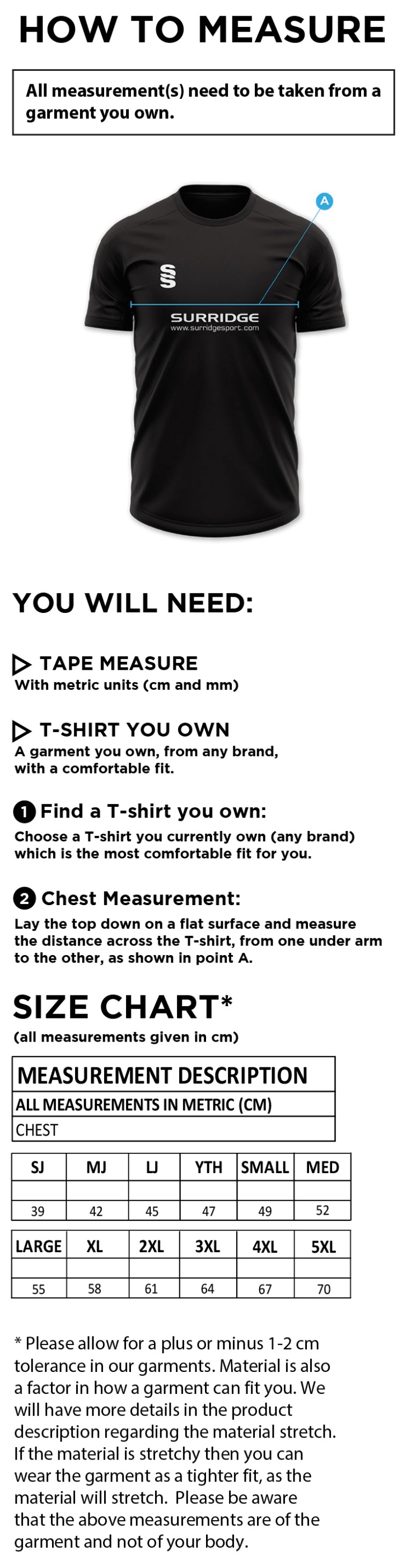 Consett Rugby - Impact T-Shirt - Size Guide