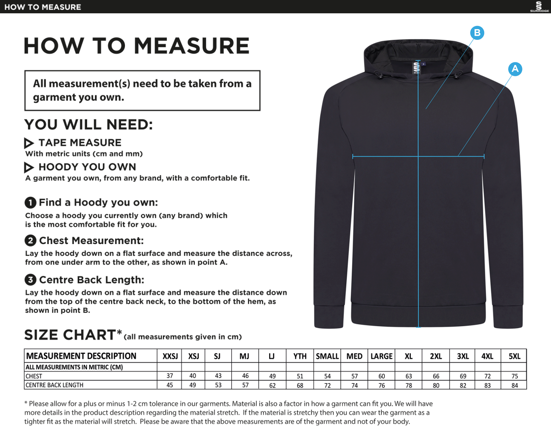 Consett Rugby - Active Hoody - Size Guide
