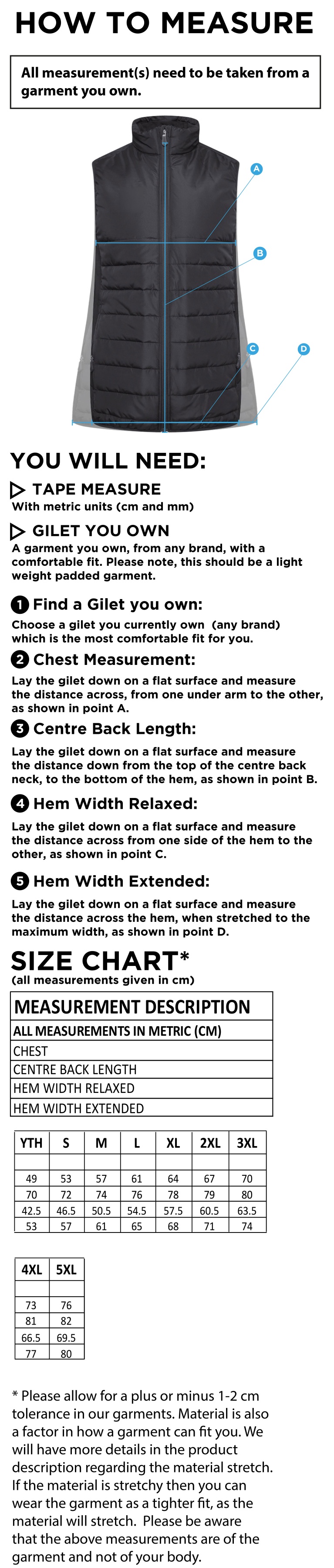 Consett Rugby - Active Gilet - Size Guide