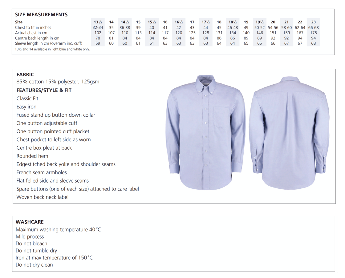 Modern Long Sleeved Shirt - Size Guide
