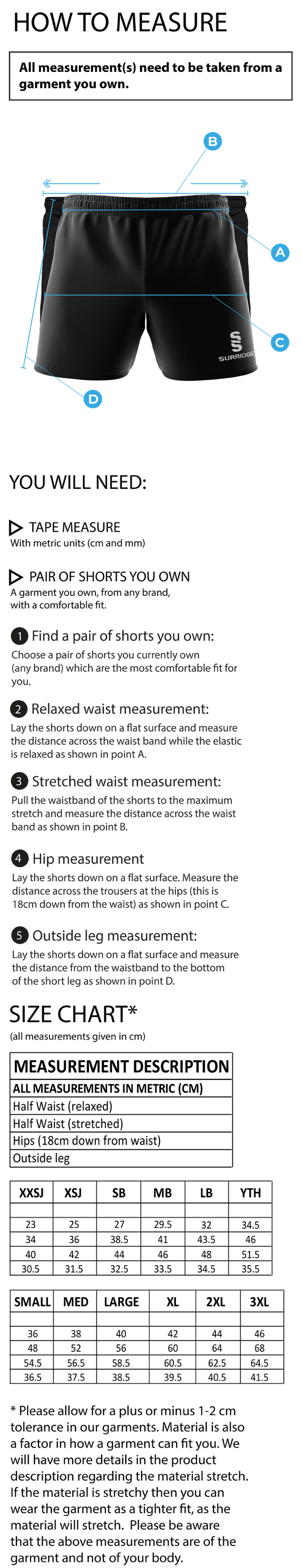 Consett Rugby - Premier Rugby Short - Size Guide