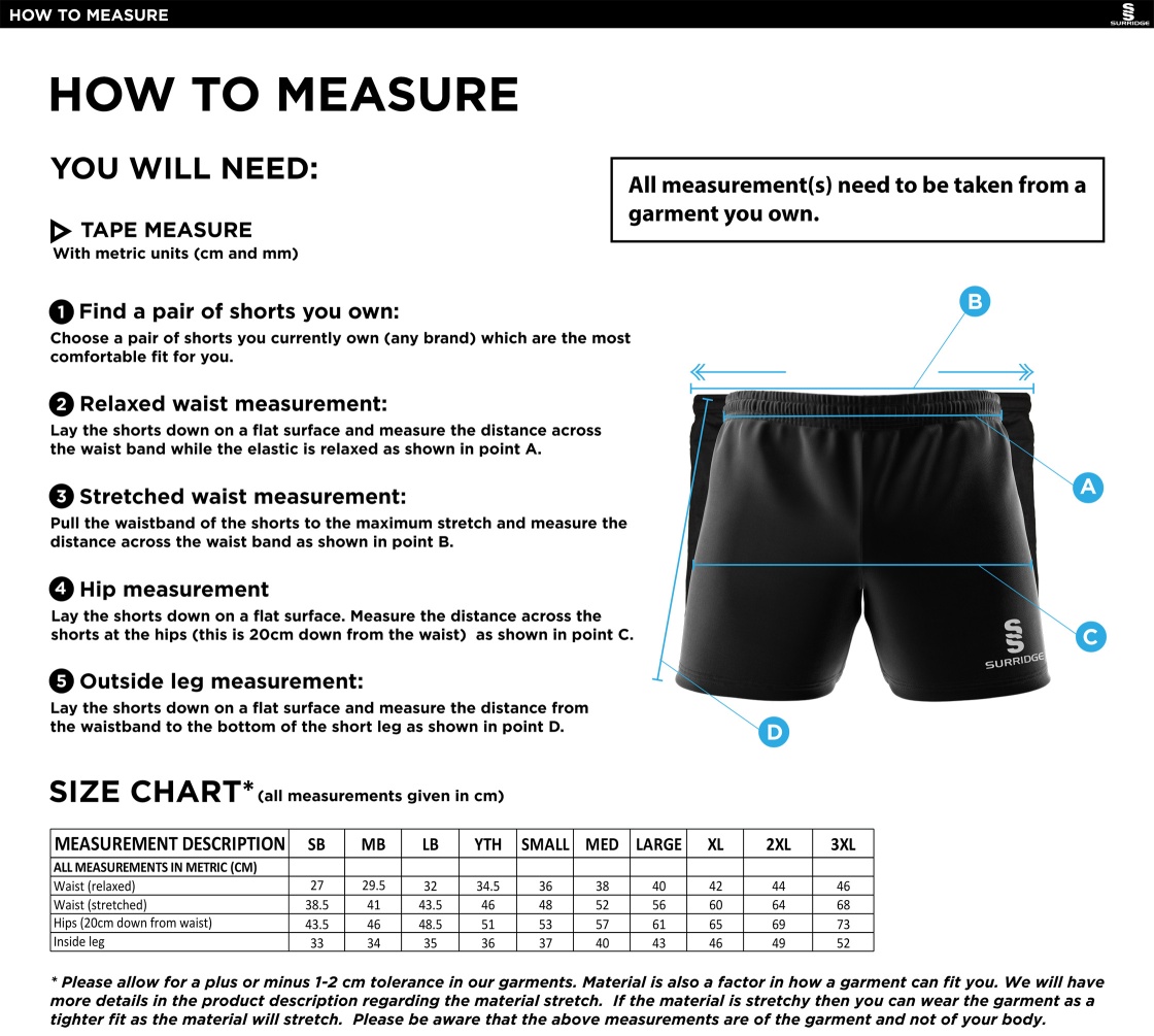 Consett Rugby - Performance Gym Short - Size Guide