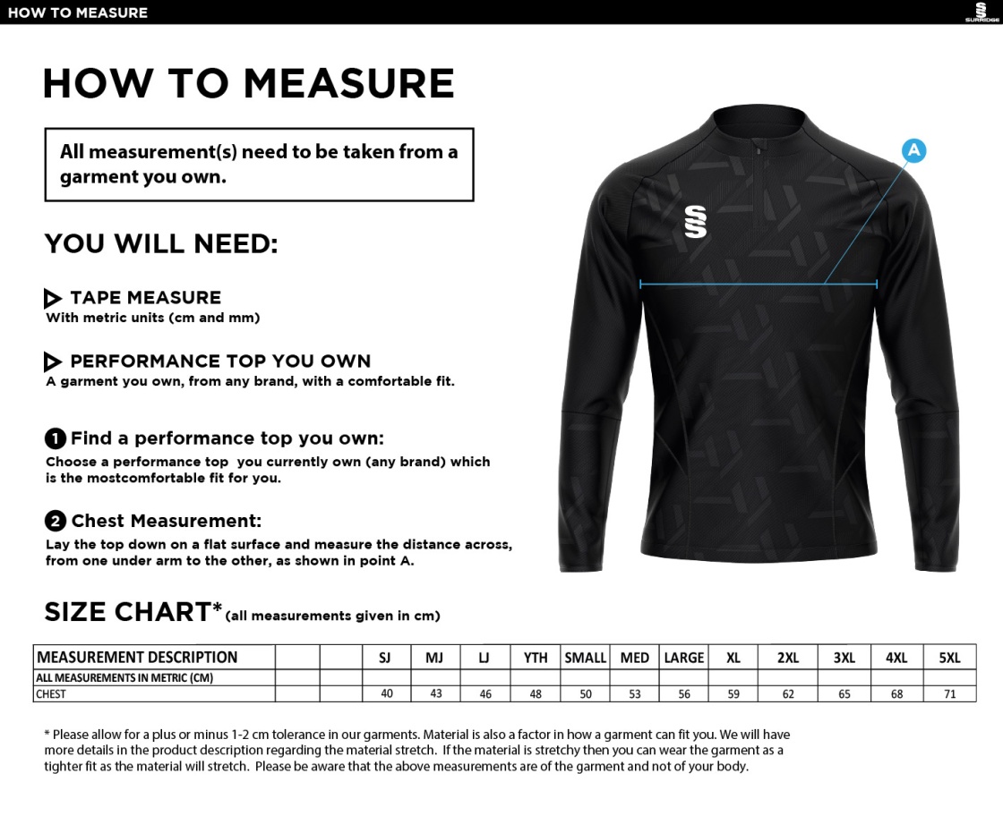 Consett Rugby - Impact 1/4 Zip Performance Top - Size Guide