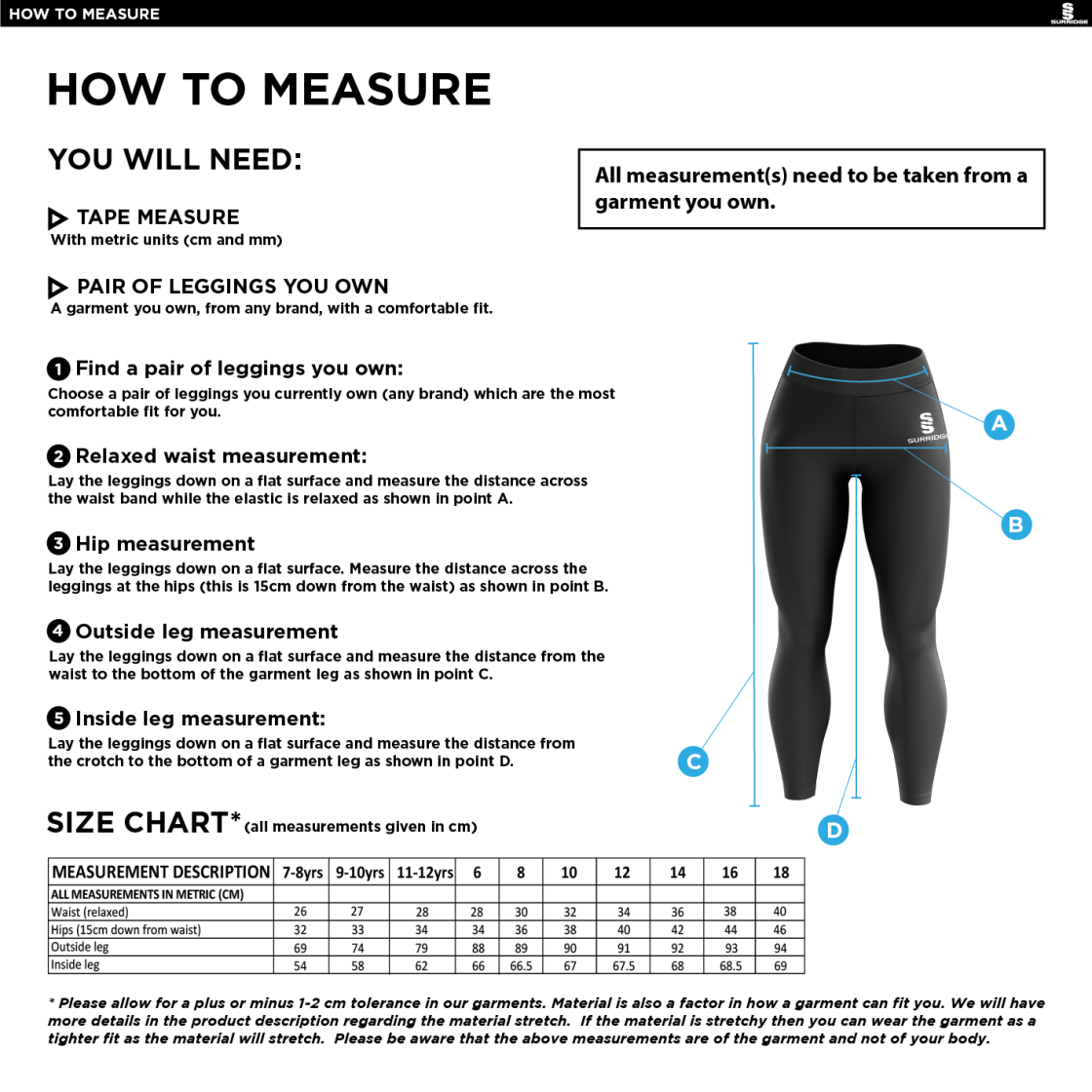 Consett Rugby - Performance Full Length Leggings - Black - Size Guide