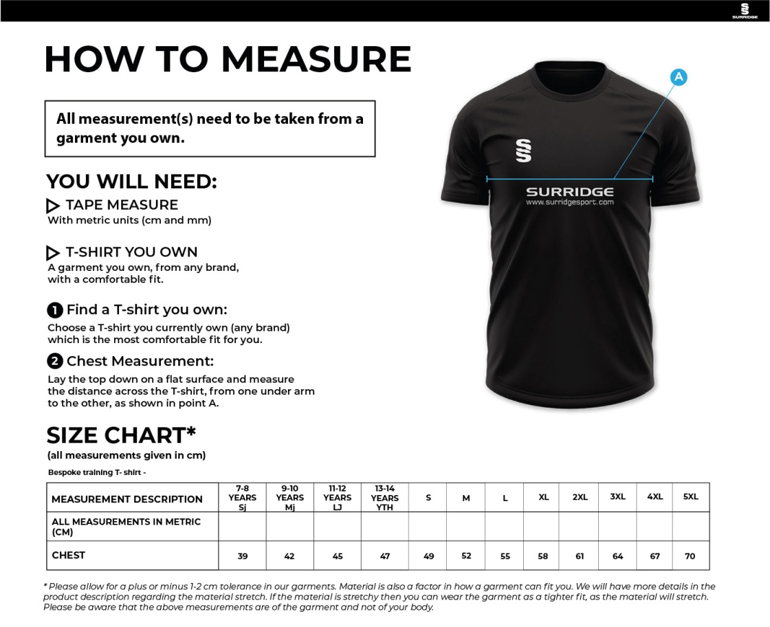 Consett Rugby - Impact T-Shirt - Size Guide