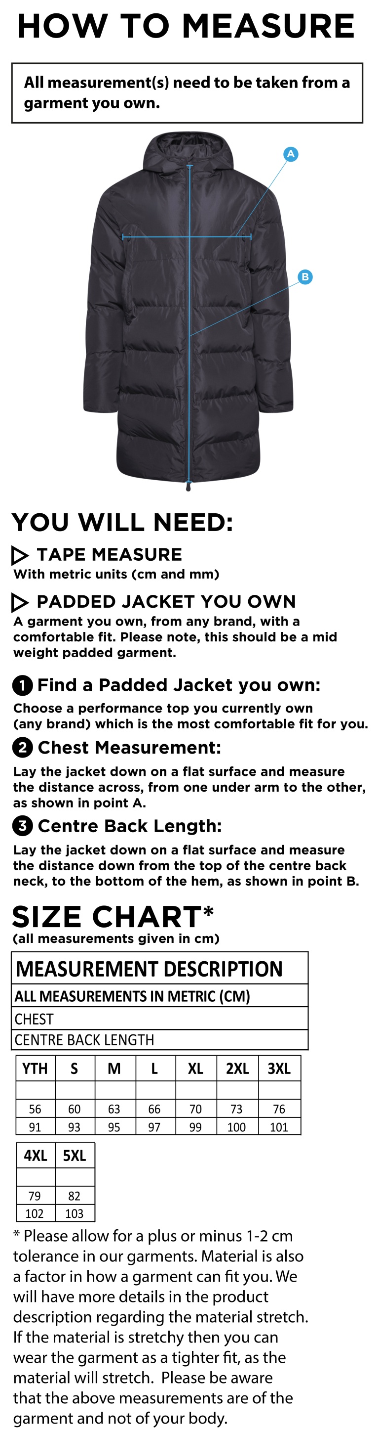 Consett Rugby - Active Long Padded Jacket - Size Guide