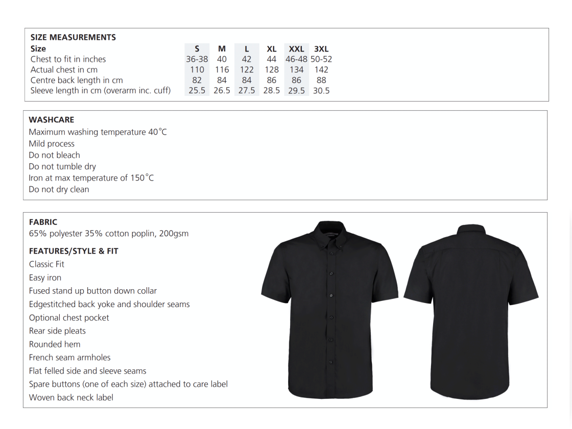Modern Short Sleeved Shirt - Size Guide